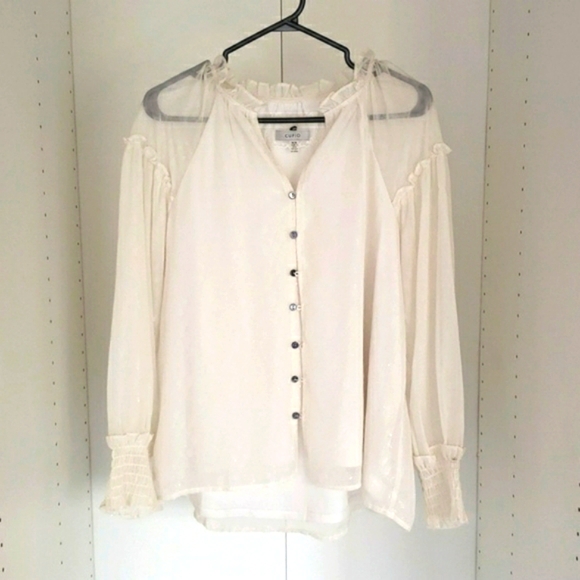 Classic CUPIO off white sparkle lace sheer ruffle long sleeve blouse - Picture 4 of 15